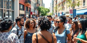 Oameni diversi discutând în oraș, reprezentând liberalismul.