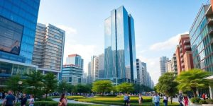 Peisaj urban modern cu clădiri și oameni.