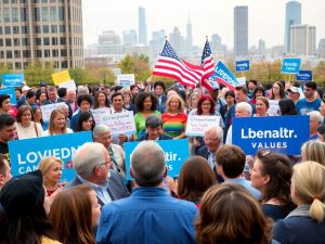 Oameni la un miting politic vibrant, discutând despre liberalism.