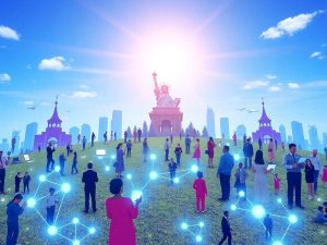 Peisaj digital vibrant cu oameni și dispozitive interconectate.