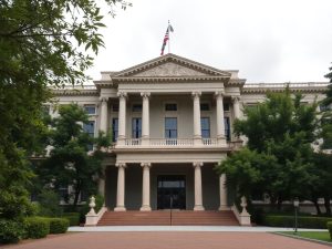 Clădire guvernamentală înconjurată de natură verde.