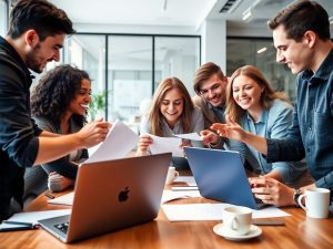 Tineri antreprenori discutând idei în birou modern.