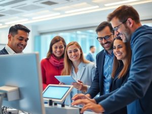 Oameni zâmbitori într-un laborator modern, cu echipamente.