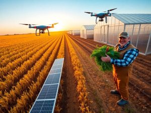 Fermier ținând legume proaspete lângă solar și dronă mică zburând