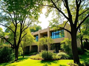 Clădire modernă ecologică înconjurată de natură luxuriantă.