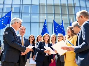 Oameni zâmbitori, clădiri moderne, steaguri europene, hârtii, pix.