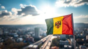 Steagul României și orașul București.