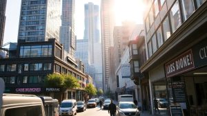 Clădiri moderne și afaceri mici sub lumina soarelui.