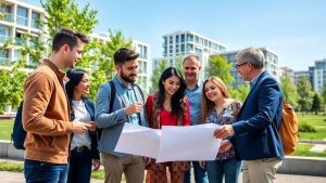 Oameni discutând proiecte în fața unei clădiri moderne din România.