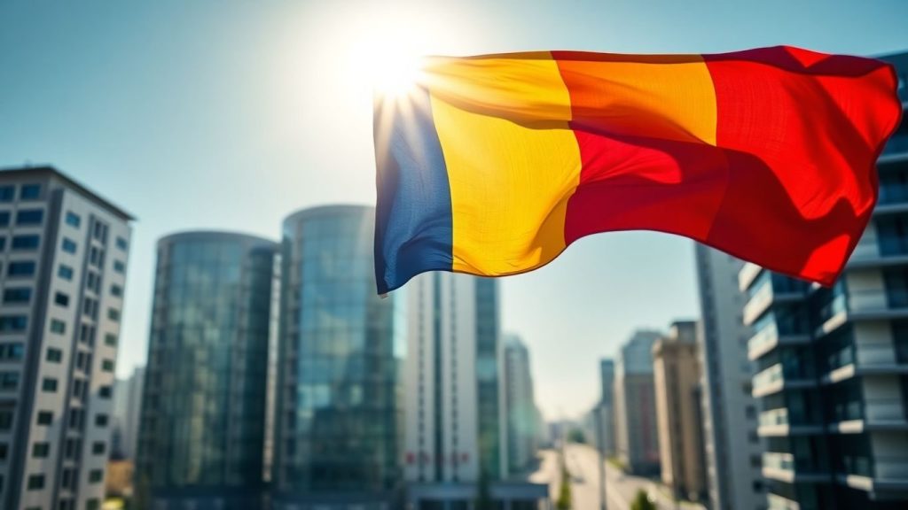 Steagul României pe fundalul unui oraș modern.